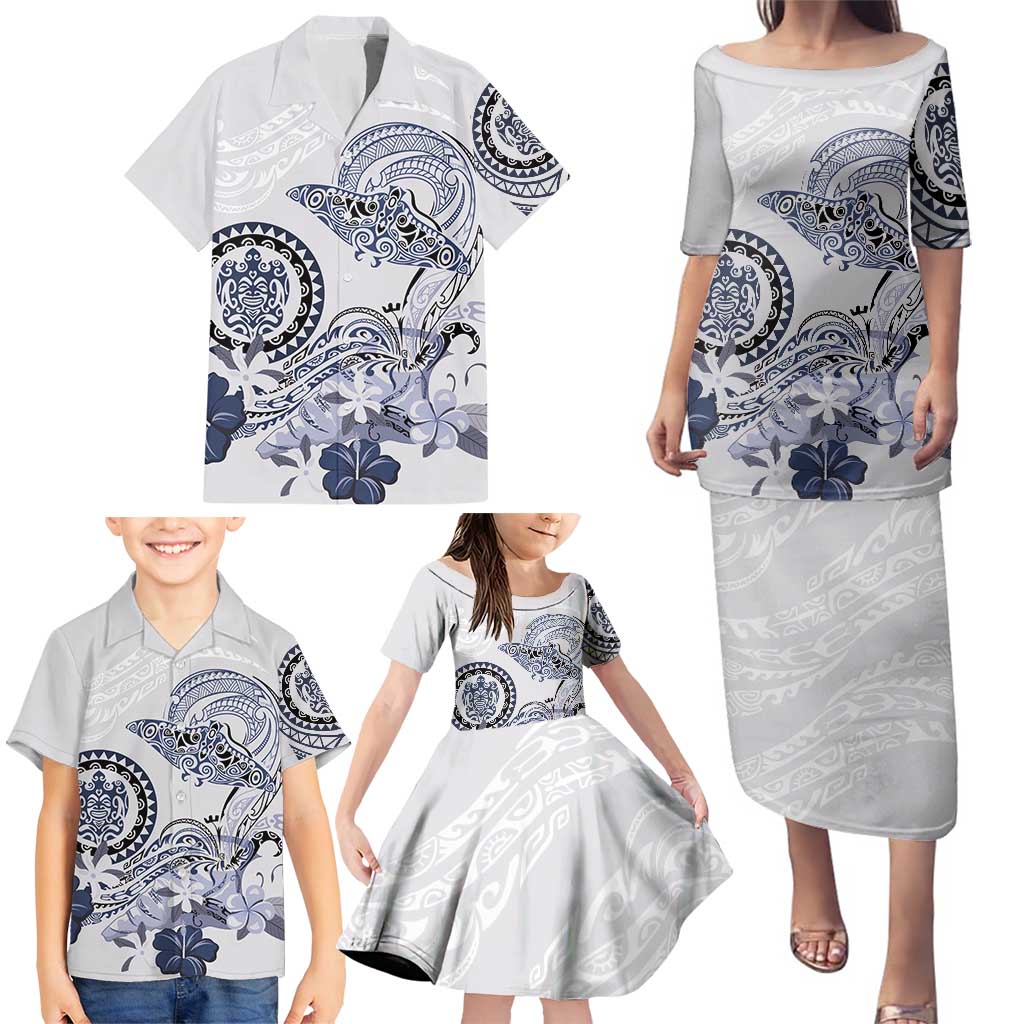 Polynesian Manta Ray Family Matching Puletasi and Hawaiian Shirt Blue Floral Turtle Tattoo - Polynesian Pride