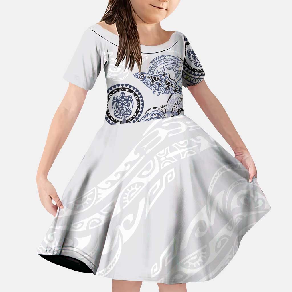 Polynesian Manta Ray Family Matching Short Sleeve Bodycon Dress and Hawaiian Shirt Blue Floral Turtle Tattoo LT9 Daughter's Dress Blue - Polynesian Pride