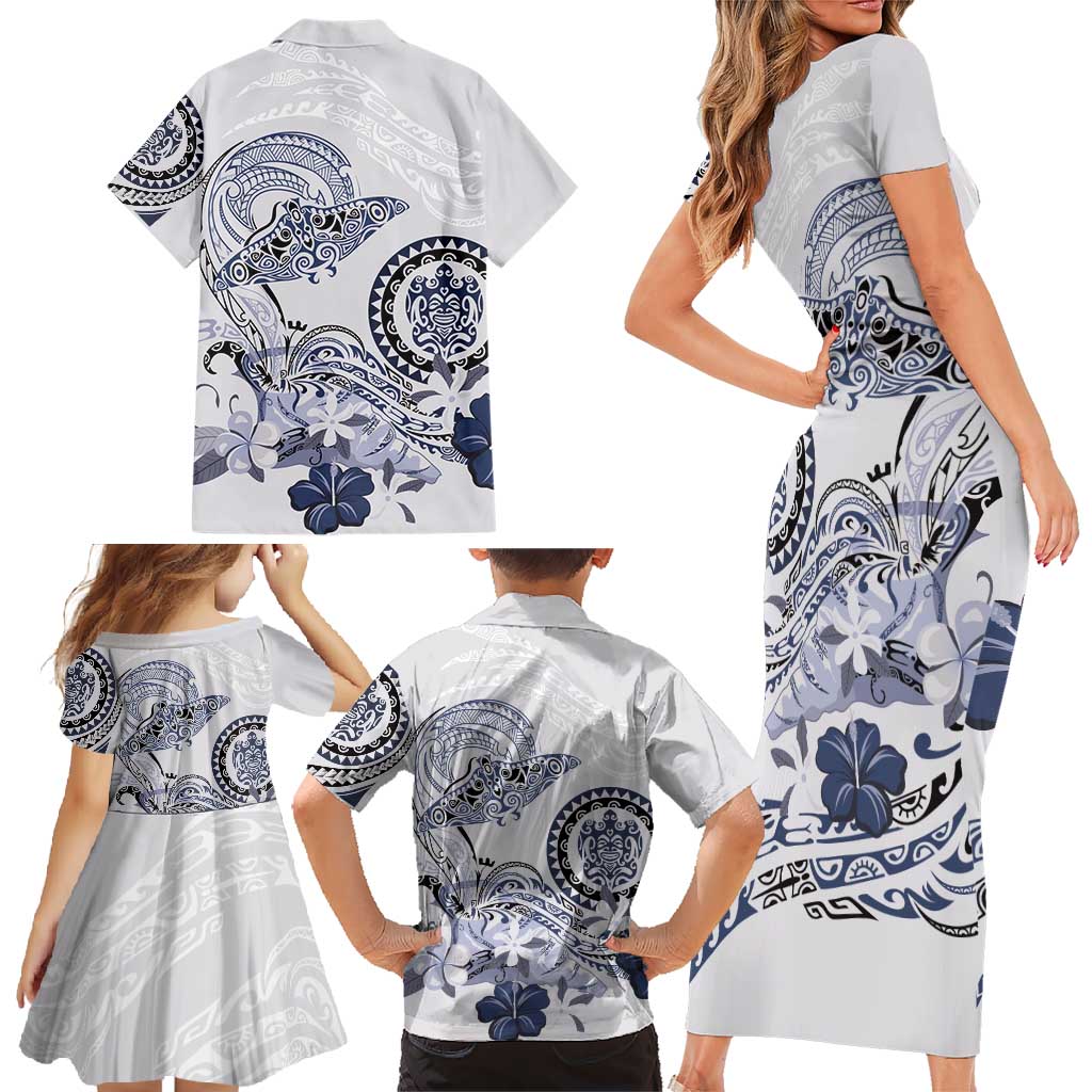Polynesian Manta Ray Family Matching Short Sleeve Bodycon Dress and Hawaiian Shirt Blue Floral Turtle Tattoo LT9 - Polynesian Pride