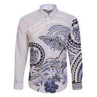 Polynesian Manta Ray Family Matching Short Sleeve Bodycon Dress and Hawaiian Shirt Blue Floral Turtle Tattoo LT9 Dad's Shirt - Long Sleeve Blue - Polynesian Pride