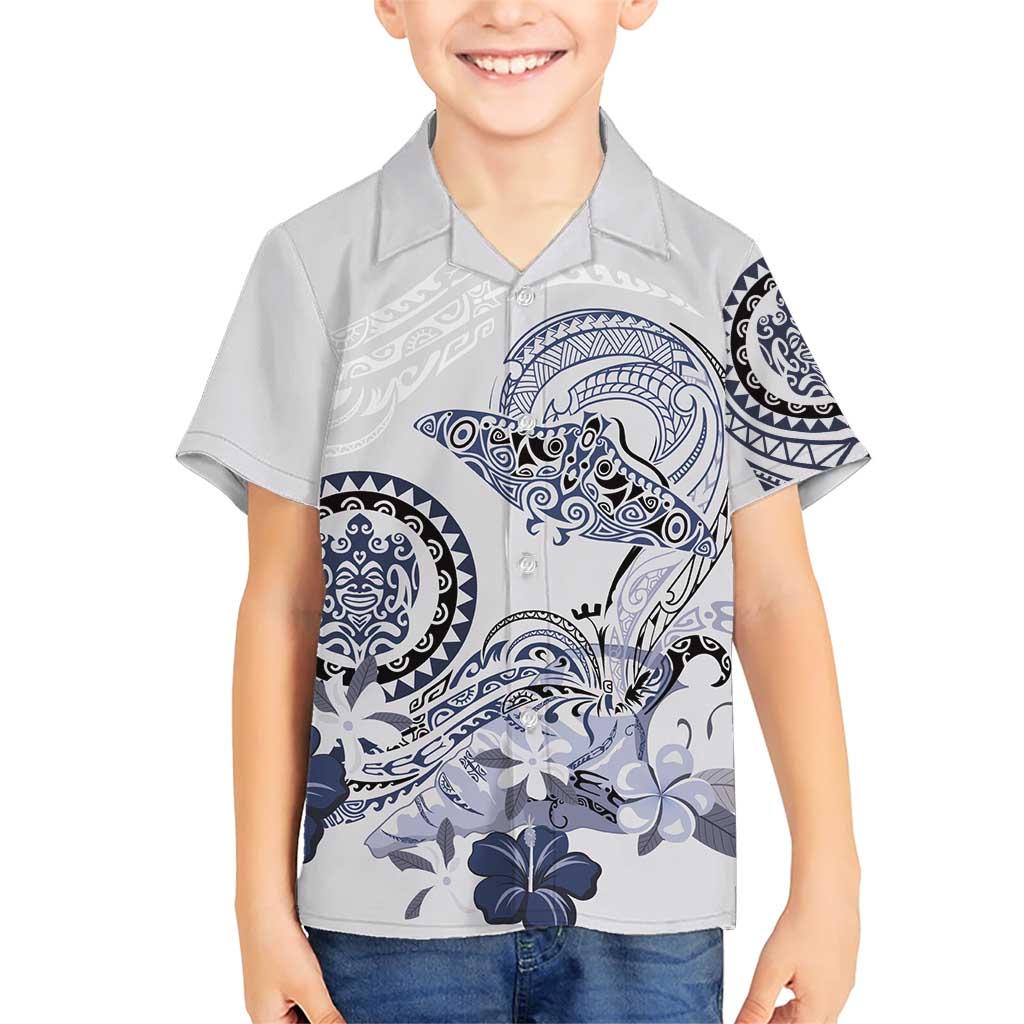 Polynesian Manta Ray Family Matching Short Sleeve Bodycon Dress and Hawaiian Shirt Blue Floral Turtle Tattoo LT9 Son's Shirt Blue - Polynesian Pride