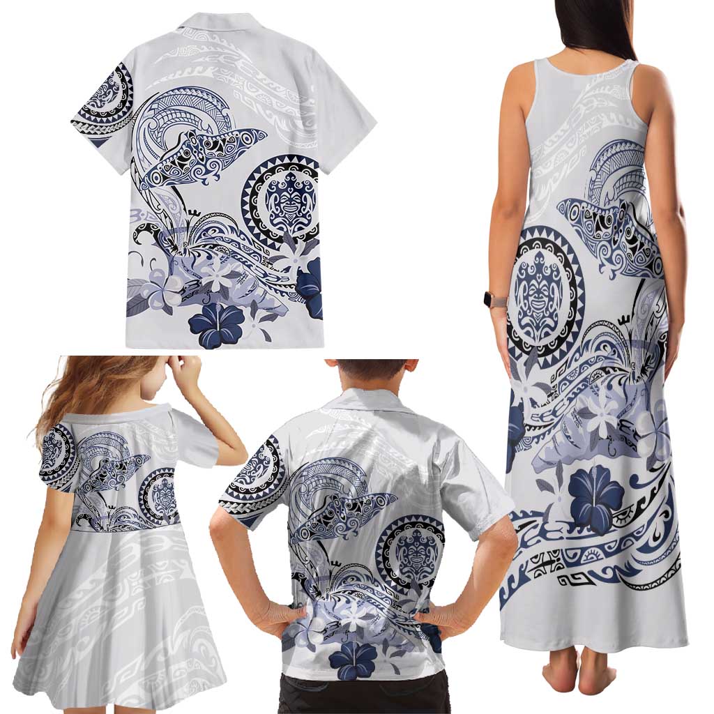 Polynesian Manta Ray Family Matching Tank Maxi Dress and Hawaiian Shirt Blue Floral Turtle Tattoo - Polynesian Pride