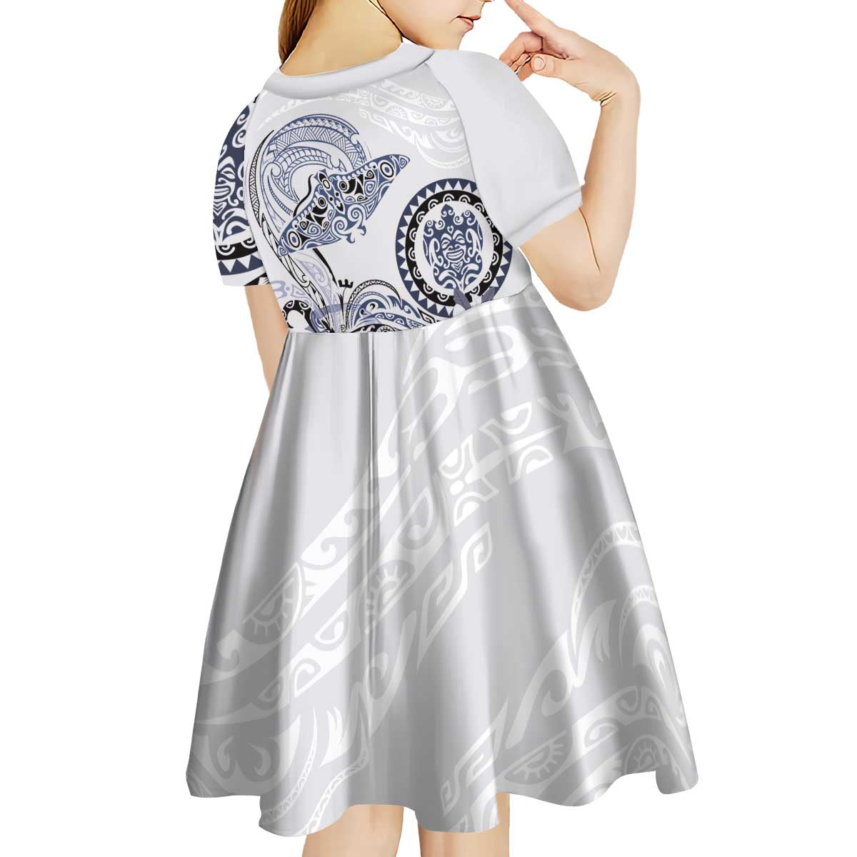 Polynesian Manta Ray Kid Short Sleeve Dress Blue Floral Turtle Tattoo - Polynesian Pride