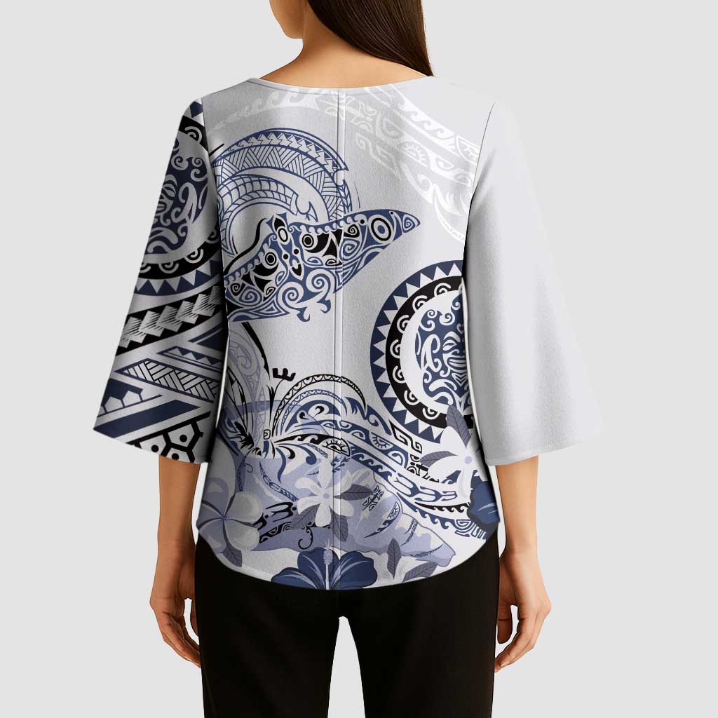 Polynesian Manta Ray Kimono Sleeve Blouse Blue Floral Turtle Tattoo - Polynesian Pride
