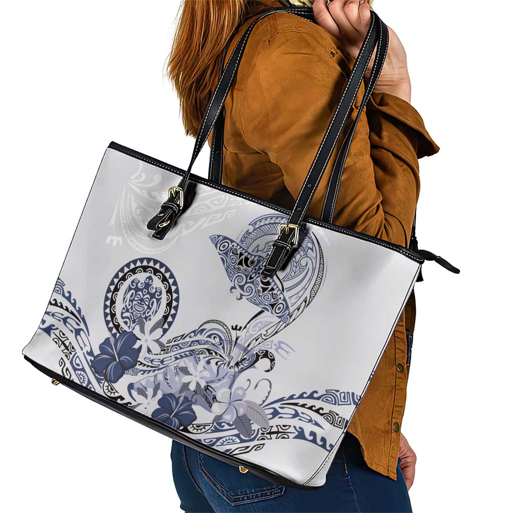 Polynesian Manta Ray Leather Tote Bag Blue Floral Turtle Tattoo - Polynesian Pride