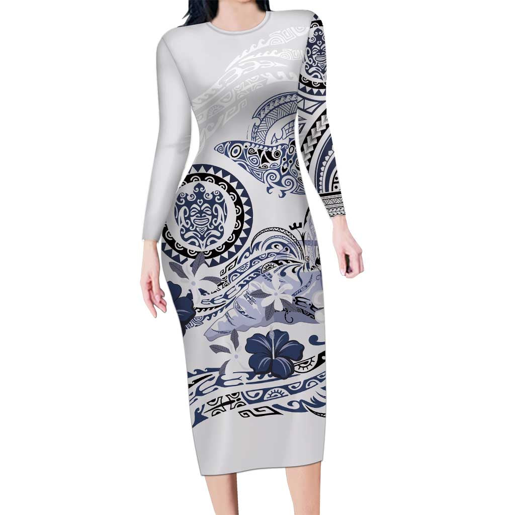 Polynesian Manta Ray Long Sleeve Bodycon Dress Blue Floral Turtle Tattoo - Polynesian Pride