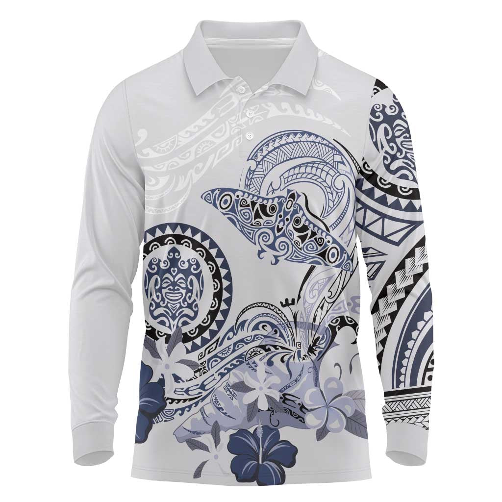 Polynesian Manta Ray Long Sleeve Polo Shirt Blue Floral Turtle Tattoo - Polynesian Pride