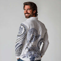 Polynesian Manta Ray Long Sleeve Polo Shirt Blue Floral Turtle Tattoo - Polynesian Pride