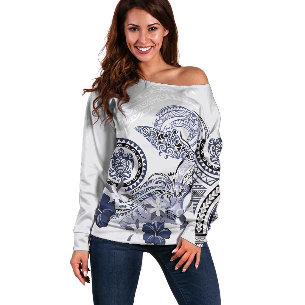 Polynesian Manta Ray Off Shoulder Sweater Blue Floral Turtle Tattoo - Polynesian Pride