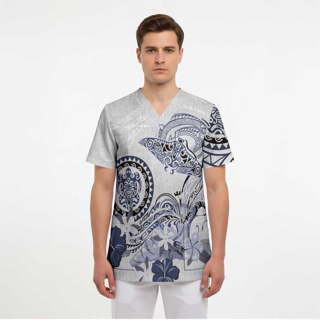Polynesian Manta Ray Scrub Top Blue Floral Turtle Tattoo - Polynesian Pride