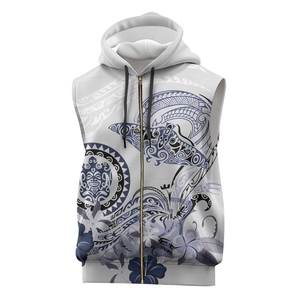 Polynesian Manta Ray Sleeveless Zip Hoodie Blue Floral Turtle Tattoo - Polynesian Pride