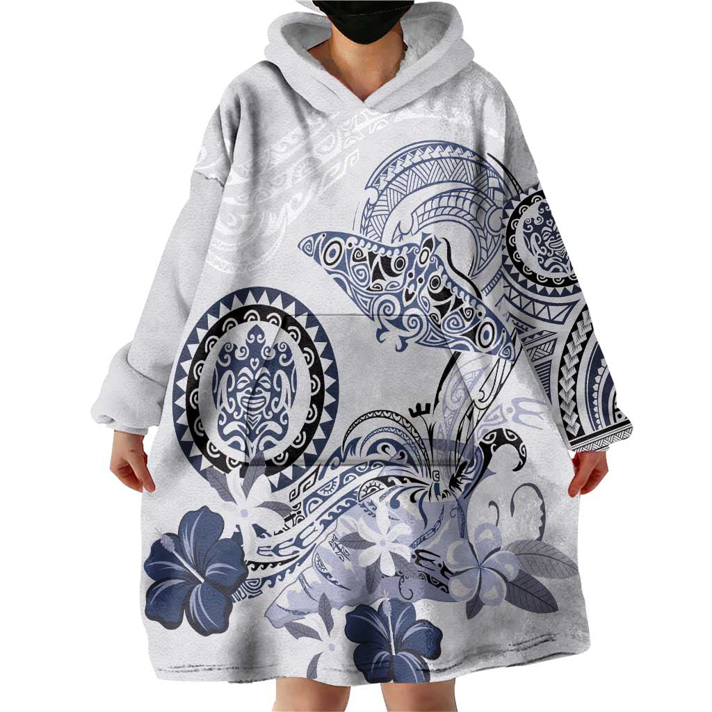 Polynesian Manta Ray Wearable Blanket Hoodie Blue Floral Turtle Tattoo - Polynesian Pride