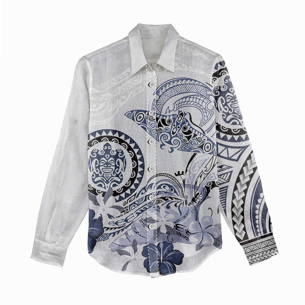 Polynesian Manta Ray Women Casual Shirt Blue Floral Turtle Tattoo - Polynesian Pride