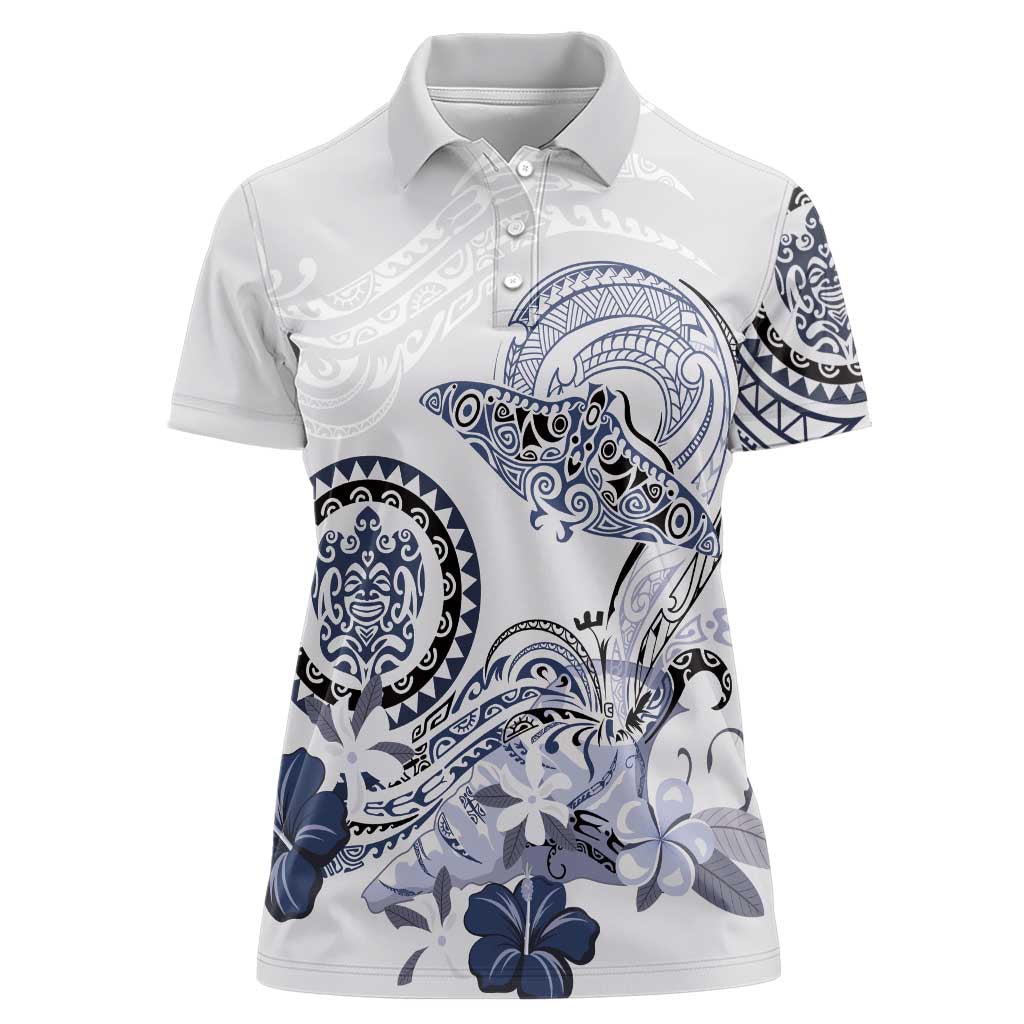 Polynesian Manta Ray Women Polo Shirt Blue Floral Turtle Tattoo - Polynesian Pride