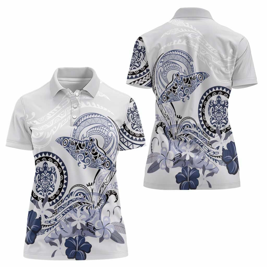 Polynesian Manta Ray Women Polo Shirt Blue Floral Turtle Tattoo - Polynesian Pride