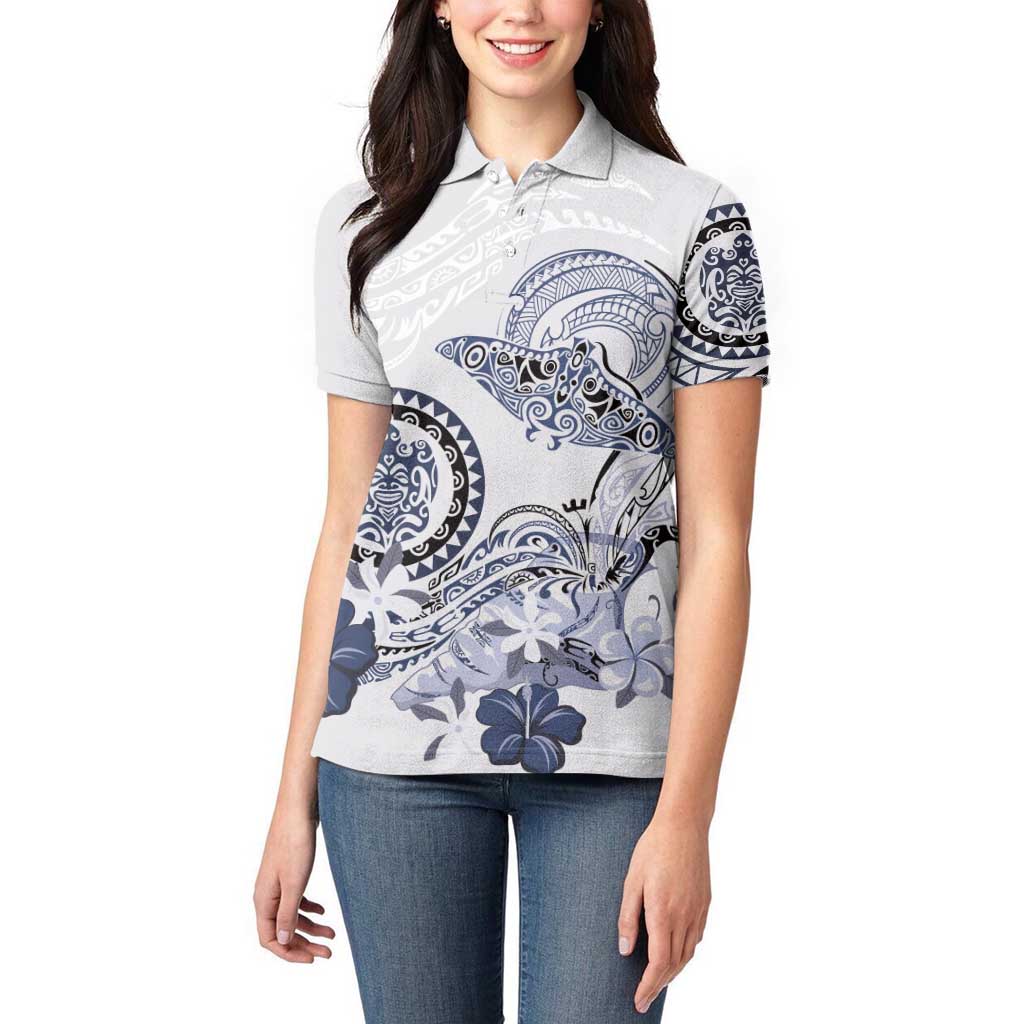 Polynesian Manta Ray Women Polo Shirt Blue Floral Turtle Tattoo - Polynesian Pride