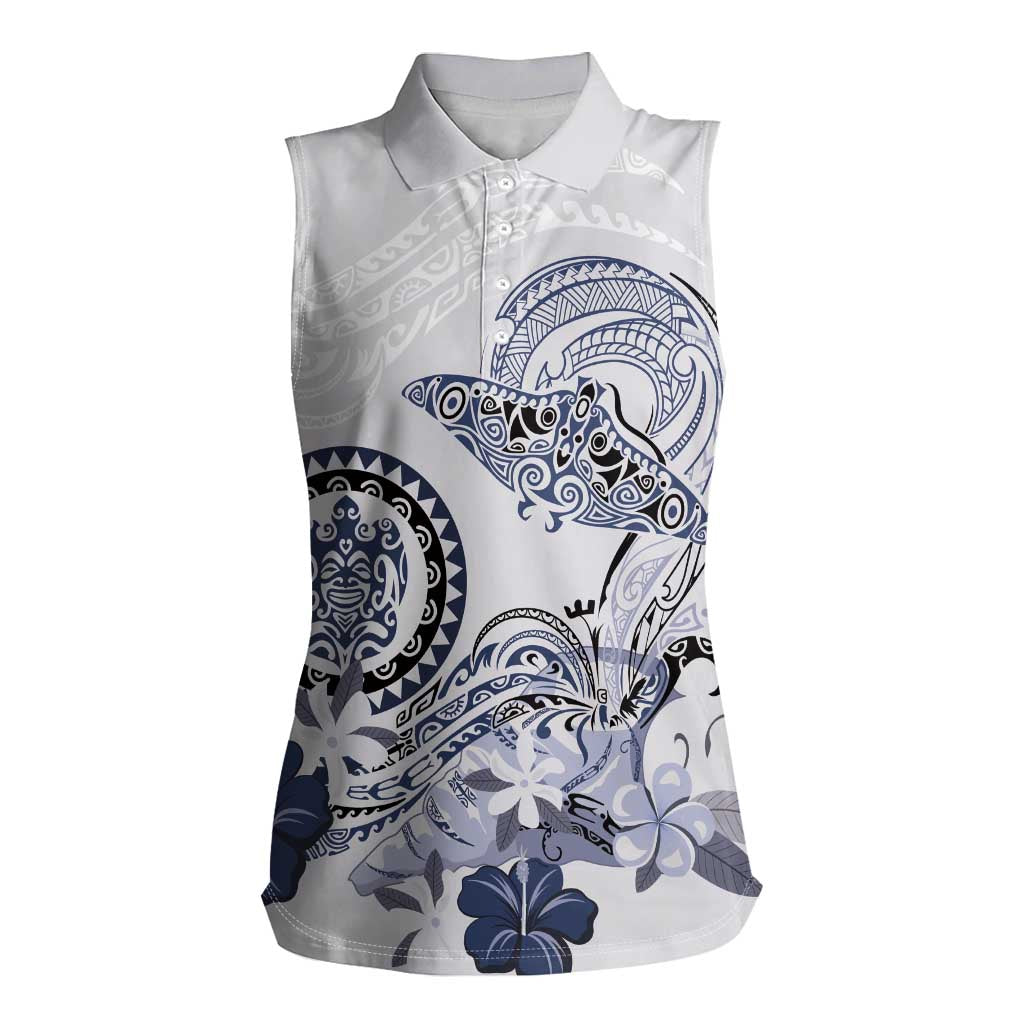 Polynesian Manta Ray Women Sleeveless Polo Shirt Blue Floral Turtle Tattoo - Polynesian Pride