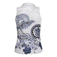 Polynesian Manta Ray Women Sleeveless Polo Shirt Blue Floral Turtle Tattoo - Polynesian Pride