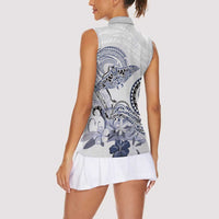 Polynesian Manta Ray Women Sleeveless Polo Shirt Blue Floral Turtle Tattoo - Polynesian Pride