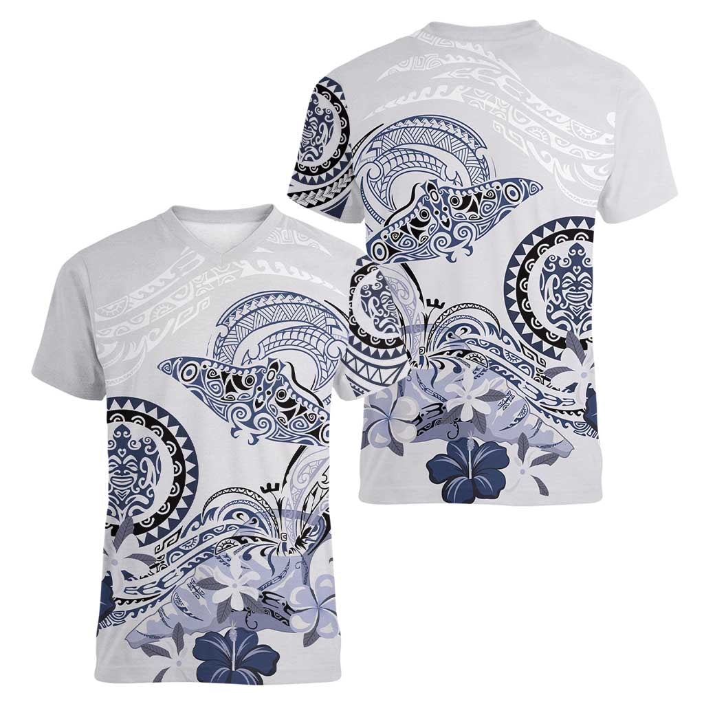 Polynesian Manta Ray Women V-Neck T-Shirt Blue Floral Turtle Tattoo - Polynesian Pride