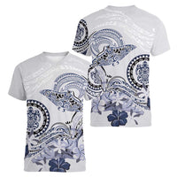 Polynesian Manta Ray Women V-Neck T-Shirt Blue Floral Turtle Tattoo - Polynesian Pride