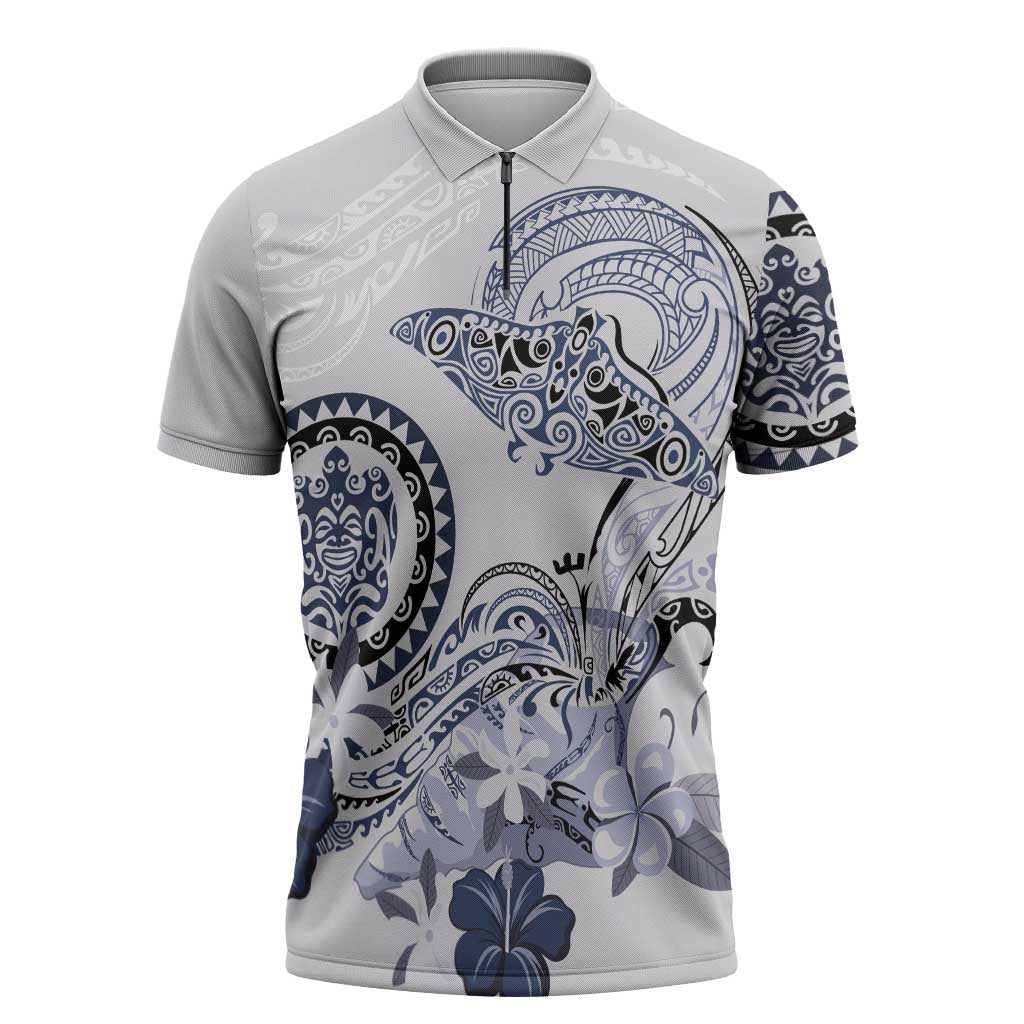 Polynesian Manta Ray Zipper Polo Shirt Blue Floral Turtle Tattoo - Polynesian Pride