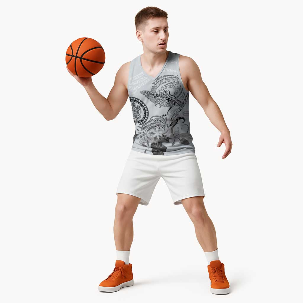 Polynesian Manta Ray Basketball Jersey Gray Floral Turtle Tattoo - Polynesian Pride