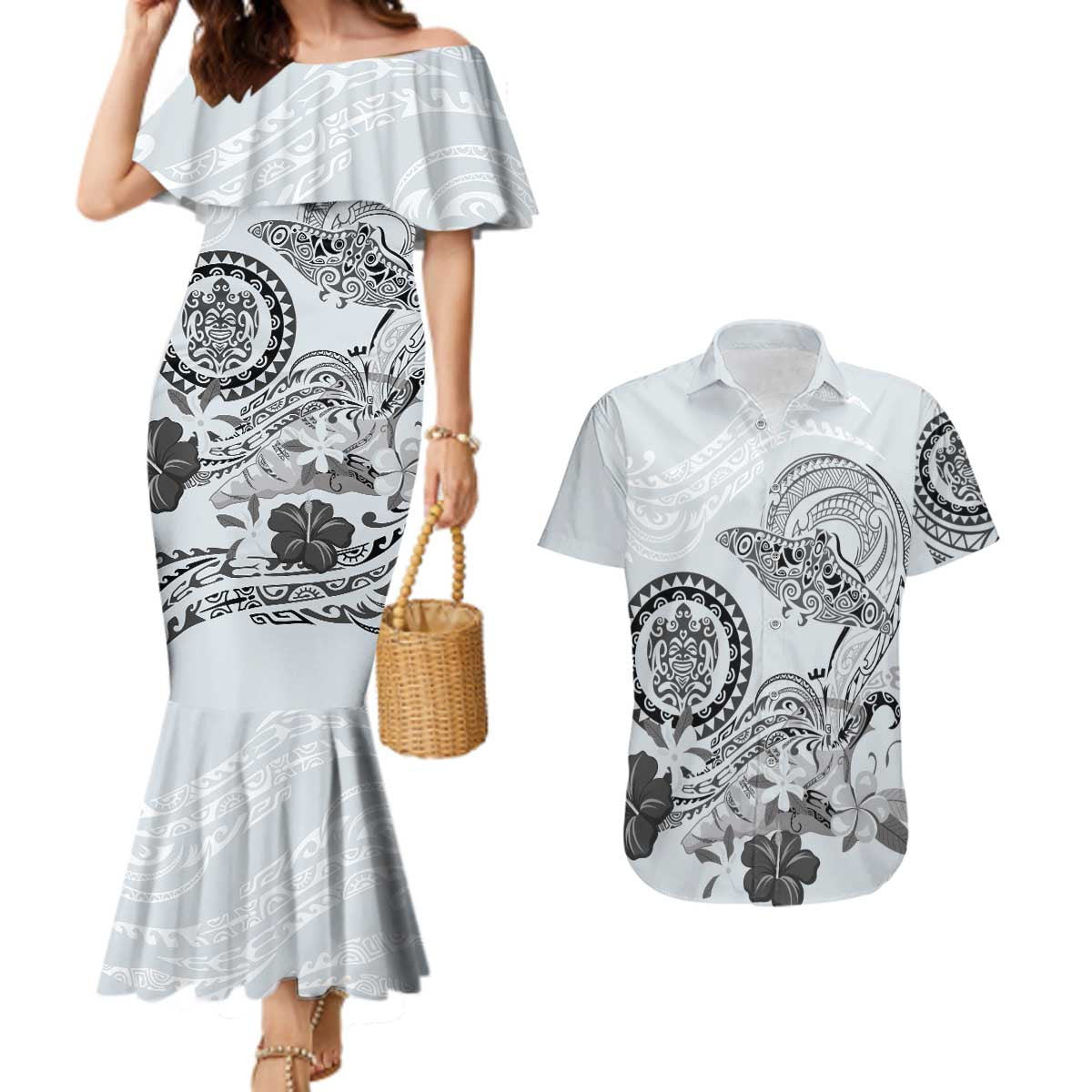 Polynesian Manta Ray Couples Matching Mermaid Dress and Hawaiian Shirt Gray Floral Turtle Tattoo - Polynesian Pride