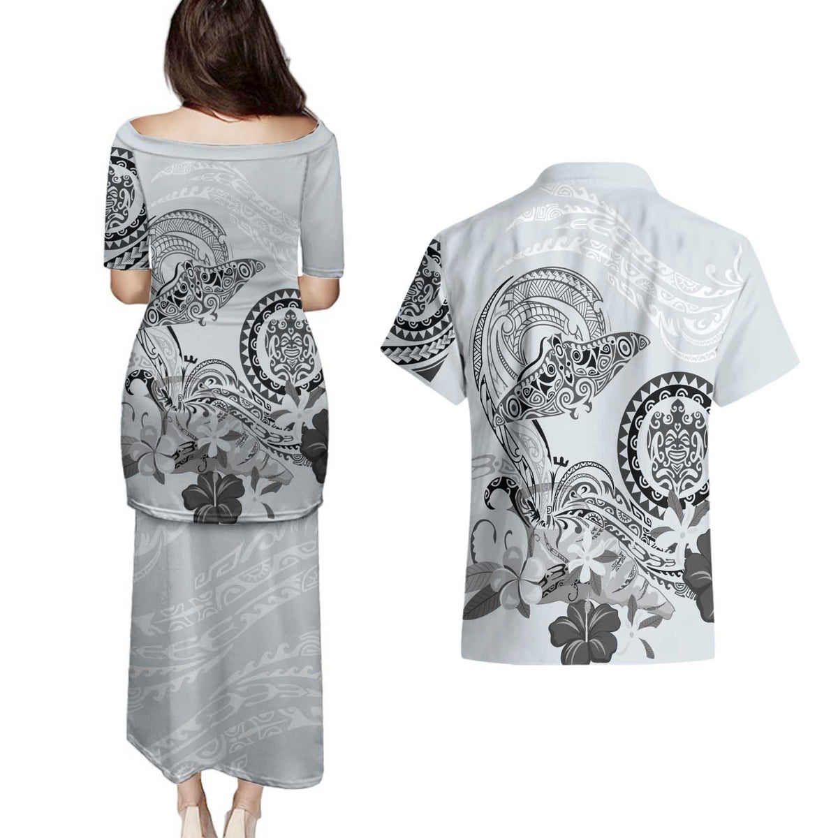 Polynesian Manta Ray Couples Matching Puletasi and Hawaiian Shirt Gray Floral Turtle Tattoo - Polynesian Pride