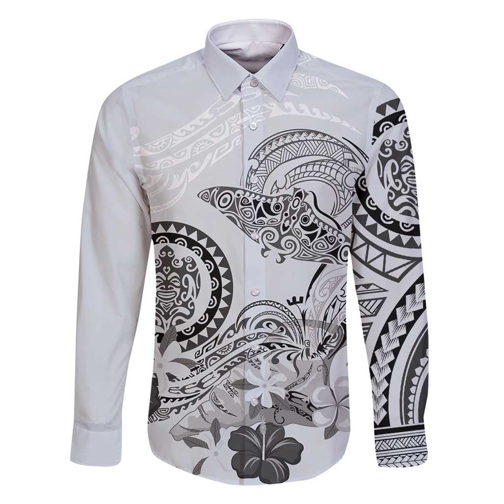Polynesian Manta Ray Family Matching Long Sleeve Bodycon Dress and Hawaiian Shirt Gray Floral Turtle Tattoo LT9 Dad's Shirt - Long Sleeve Gray - Polynesian Pride