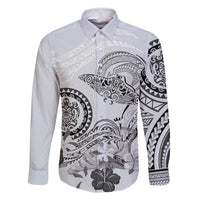 Polynesian Manta Ray Family Matching Long Sleeve Bodycon Dress and Hawaiian Shirt Gray Floral Turtle Tattoo LT9 Dad's Shirt - Long Sleeve Gray - Polynesian Pride