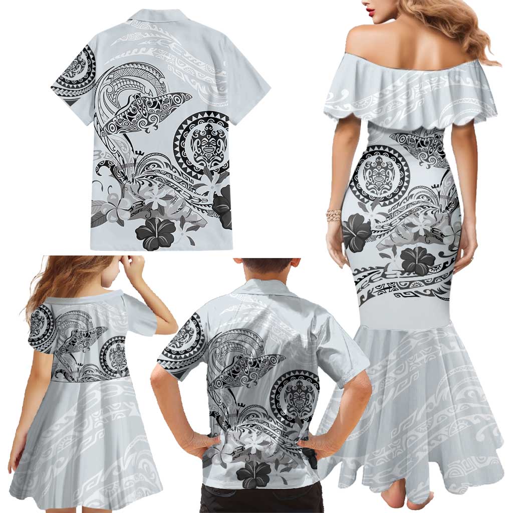 Polynesian Manta Ray Family Matching Mermaid Dress and Hawaiian Shirt Gray Floral Turtle Tattoo LT9 - Polynesian Pride
