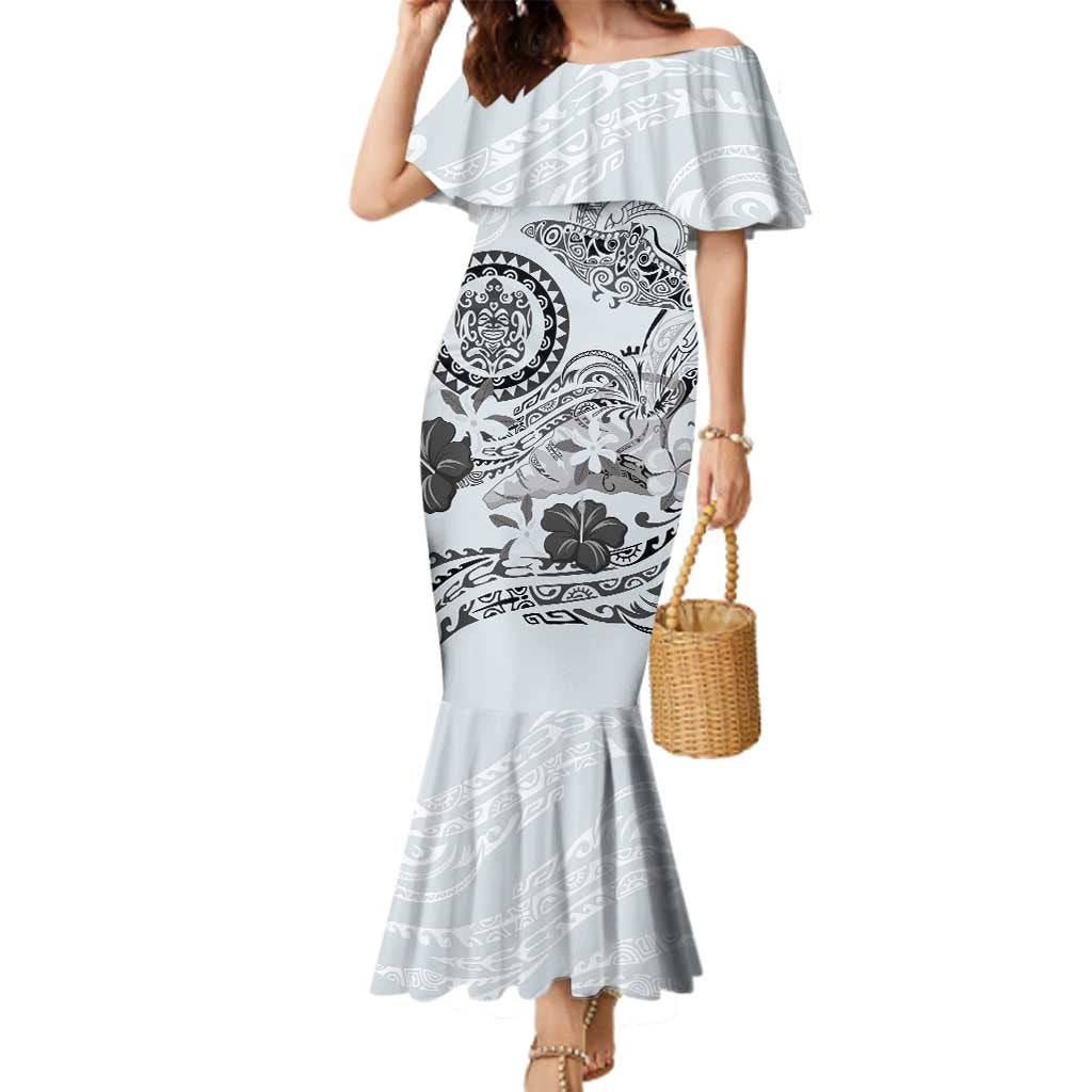 Polynesian Manta Ray Family Matching Mermaid Dress and Hawaiian Shirt Gray Floral Turtle Tattoo LT9 Mom's Dress Gray - Polynesian Pride