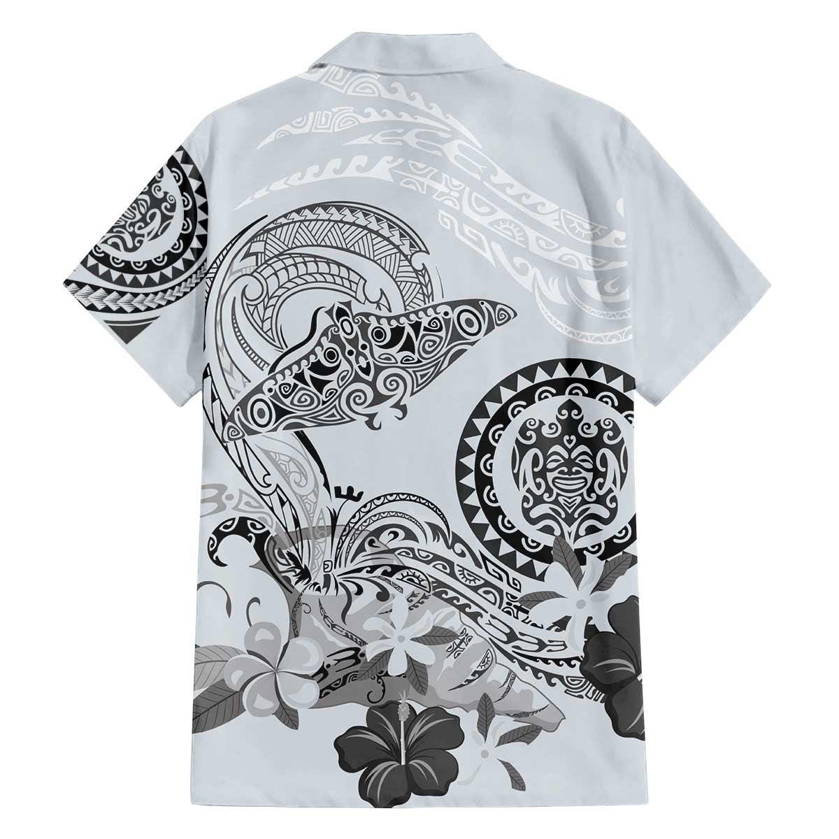 Polynesian Manta Ray Family Matching Off The Shoulder Long Sleeve Dress and Hawaiian Shirt Gray Floral Turtle Tattoo - Polynesian Pride
