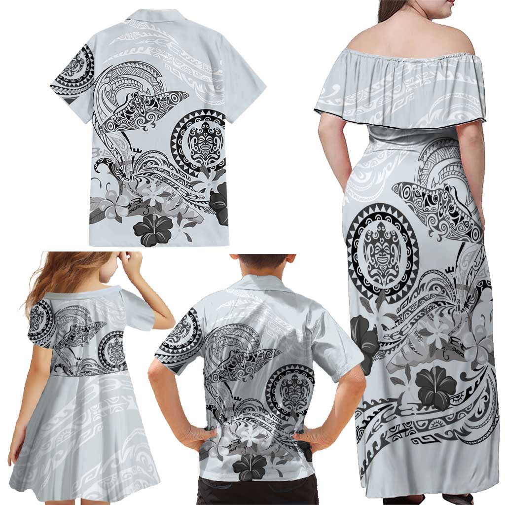 Polynesian Manta Ray Family Matching Off Shoulder Maxi Dress and Hawaiian Shirt Gray Floral Turtle Tattoo - Polynesian Pride