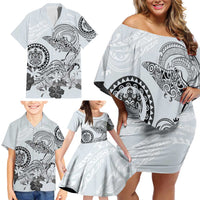 Polynesian Manta Ray Family Matching Off Shoulder Short Dress and Hawaiian Shirt Gray Floral Turtle Tattoo - Polynesian Pride