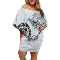 Polynesian Manta Ray Family Matching Off Shoulder Short Dress and Hawaiian Shirt Gray Floral Turtle Tattoo - Polynesian Pride