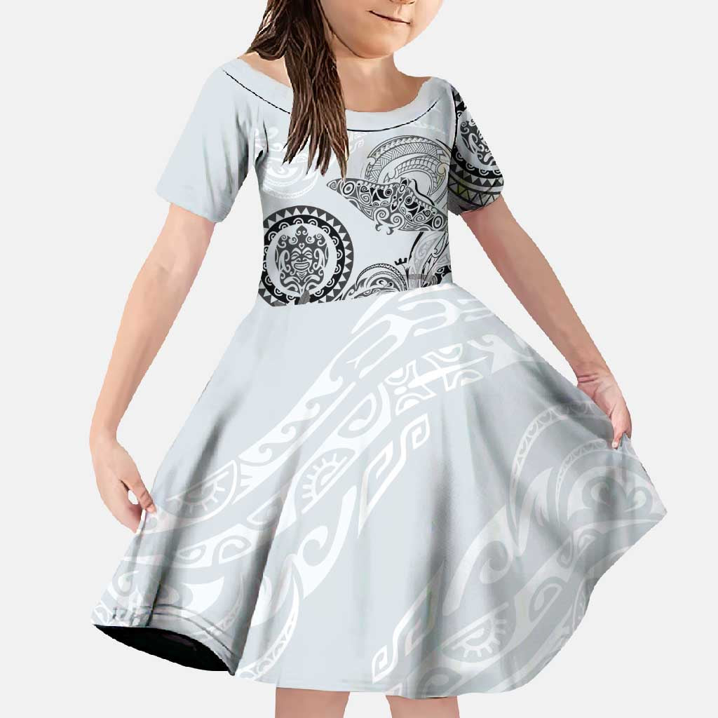 Polynesian Manta Ray Family Matching Short Sleeve Bodycon Dress and Hawaiian Shirt Gray Floral Turtle Tattoo LT9 Daughter's Dress Gray - Polynesian Pride