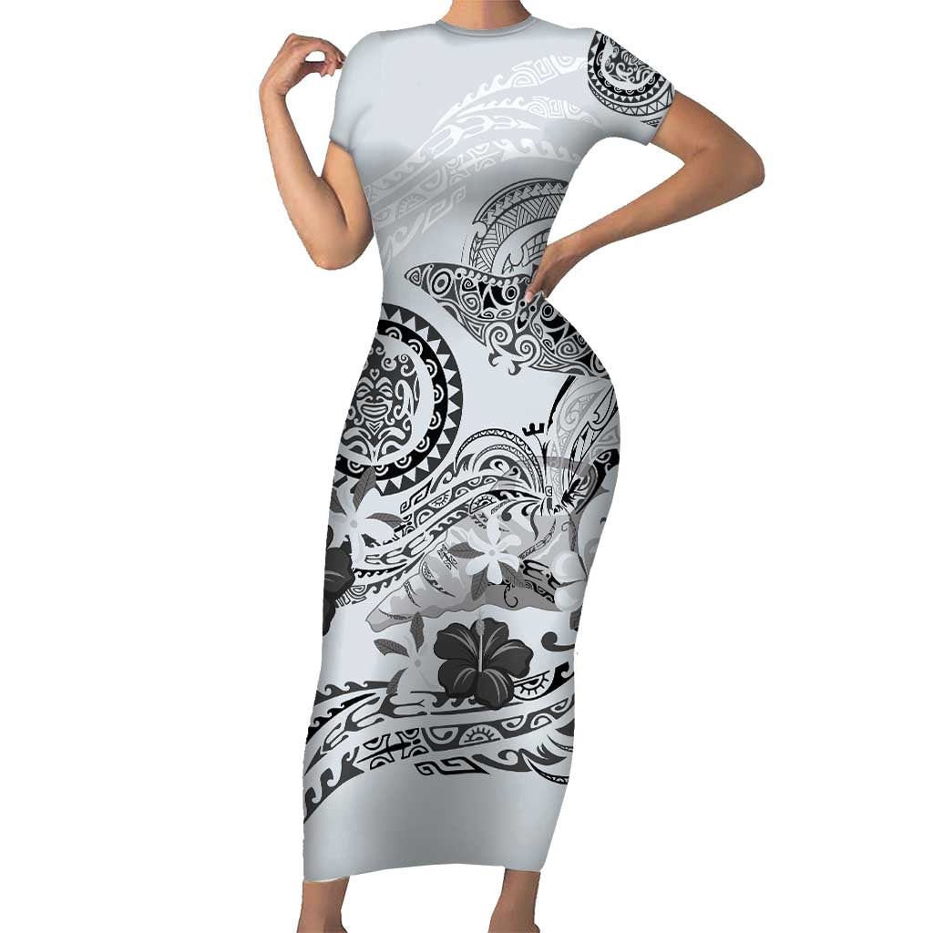 Polynesian Manta Ray Family Matching Short Sleeve Bodycon Dress and Hawaiian Shirt Gray Floral Turtle Tattoo LT9 Mom's Dress Gray - Polynesian Pride