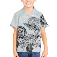 Polynesian Manta Ray Family Matching Short Sleeve Bodycon Dress and Hawaiian Shirt Gray Floral Turtle Tattoo LT9 Son's Shirt Gray - Polynesian Pride