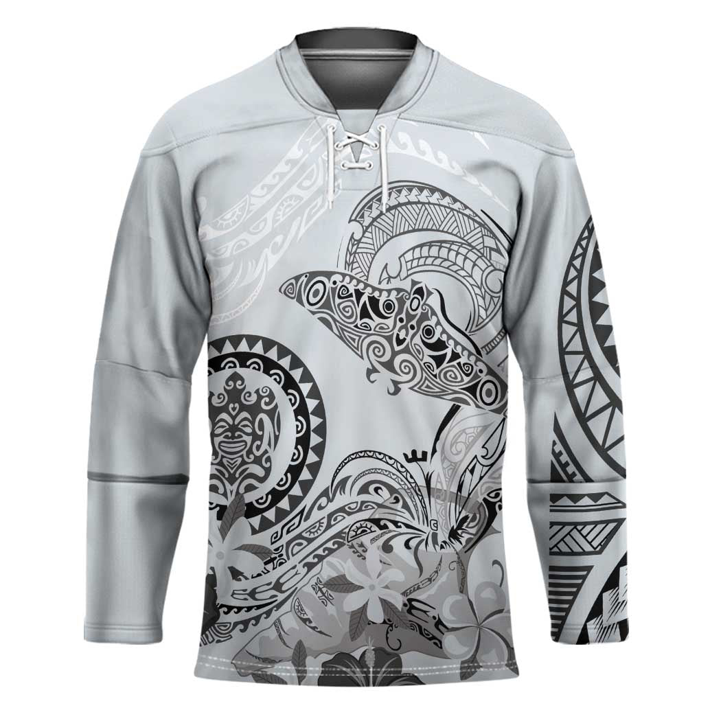 Polynesian Manta Ray Hockey Jersey Gray Floral Turtle Tattoo - Polynesian Pride
