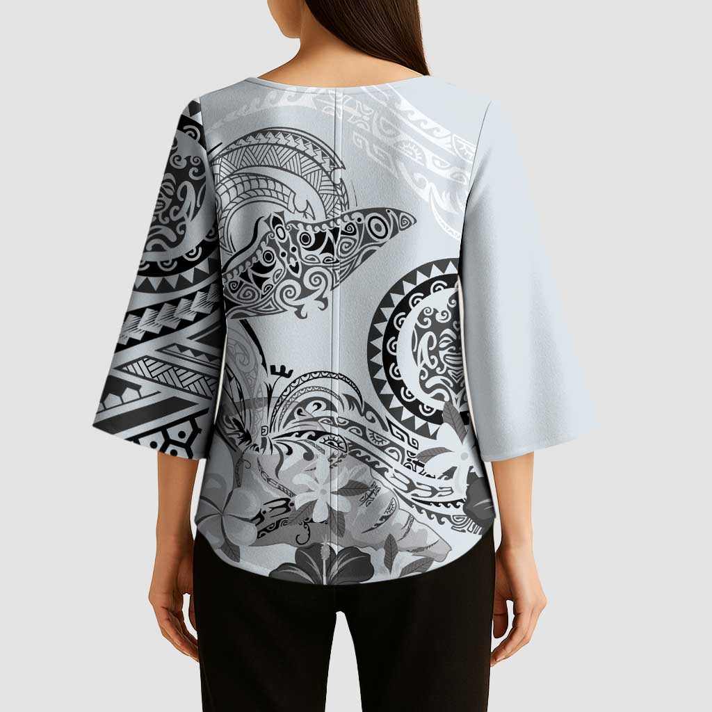 Polynesian Manta Ray Kimono Sleeve Blouse Gray Floral Turtle Tattoo - Polynesian Pride