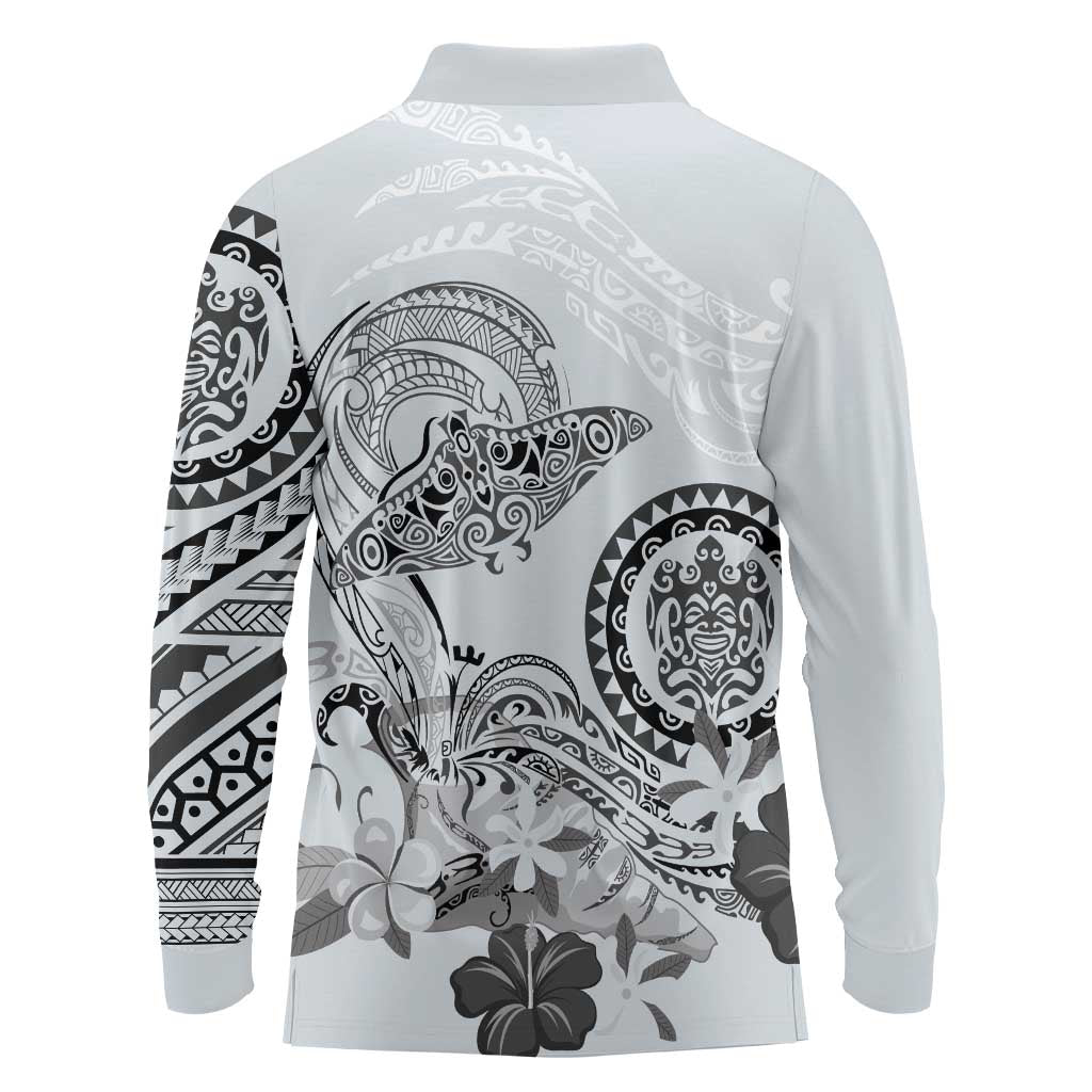 Polynesian Manta Ray Long Sleeve Polo Shirt Gray Floral Turtle Tattoo - Polynesian Pride