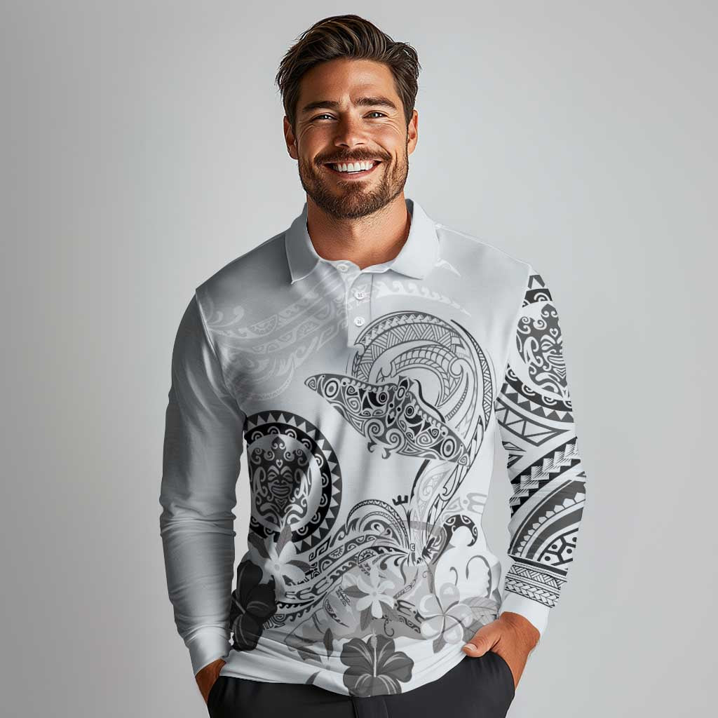 Polynesian Manta Ray Long Sleeve Polo Shirt Gray Floral Turtle Tattoo - Polynesian Pride