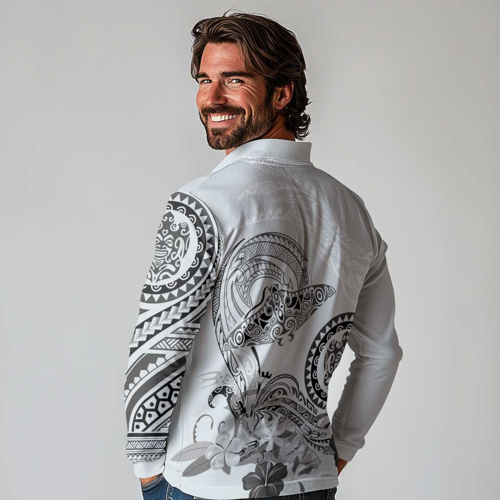 Polynesian Manta Ray Long Sleeve Polo Shirt Gray Floral Turtle Tattoo - Polynesian Pride