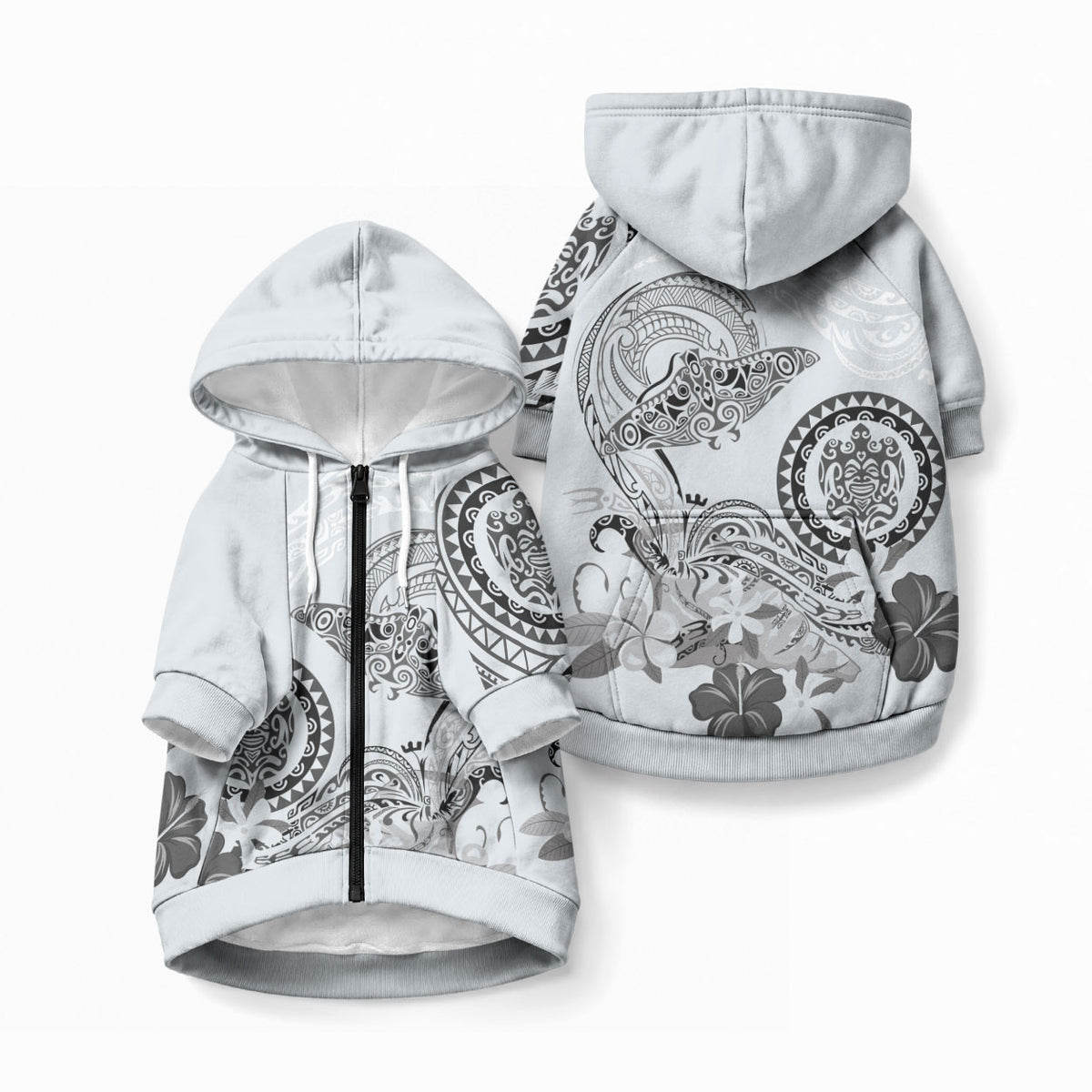 Polynesian Manta Ray Pet Hoodie Gray Floral Turtle Tattoo LT9 Zip-up Gray - Polynesian Pride