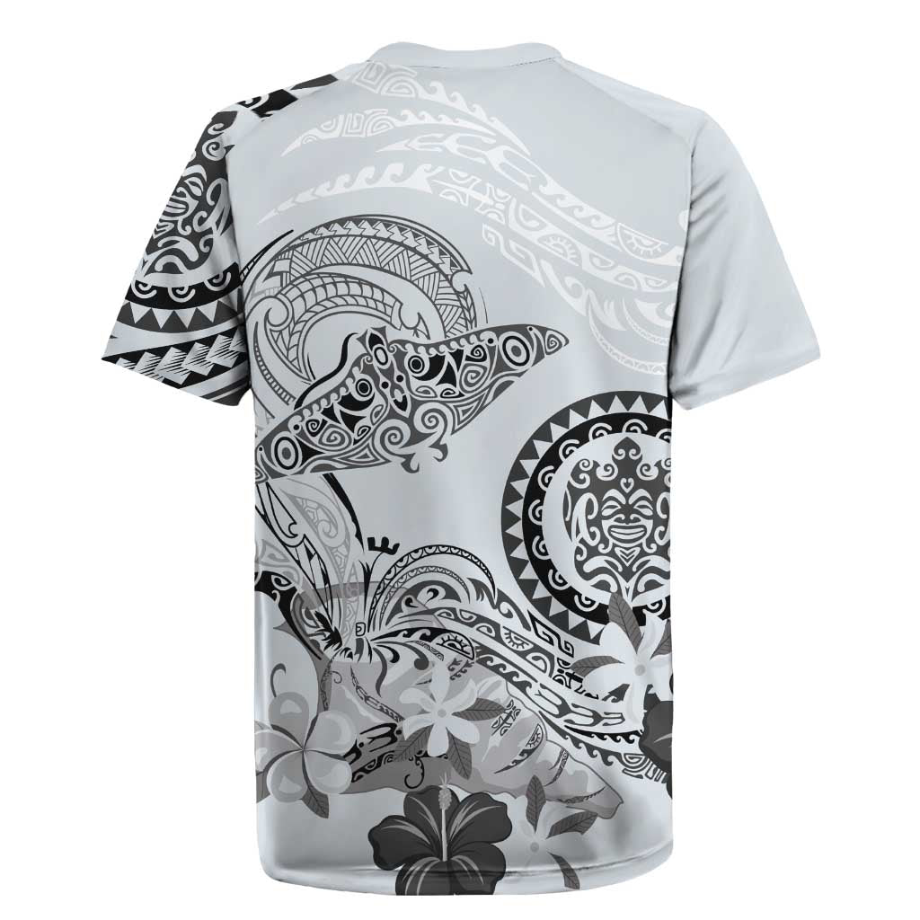 Polynesian Manta Ray Rugby Jersey Gray Floral Turtle Tattoo - Polynesian Pride