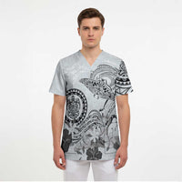Polynesian Manta Ray Scrub Top Gray Floral Turtle Tattoo - Polynesian Pride