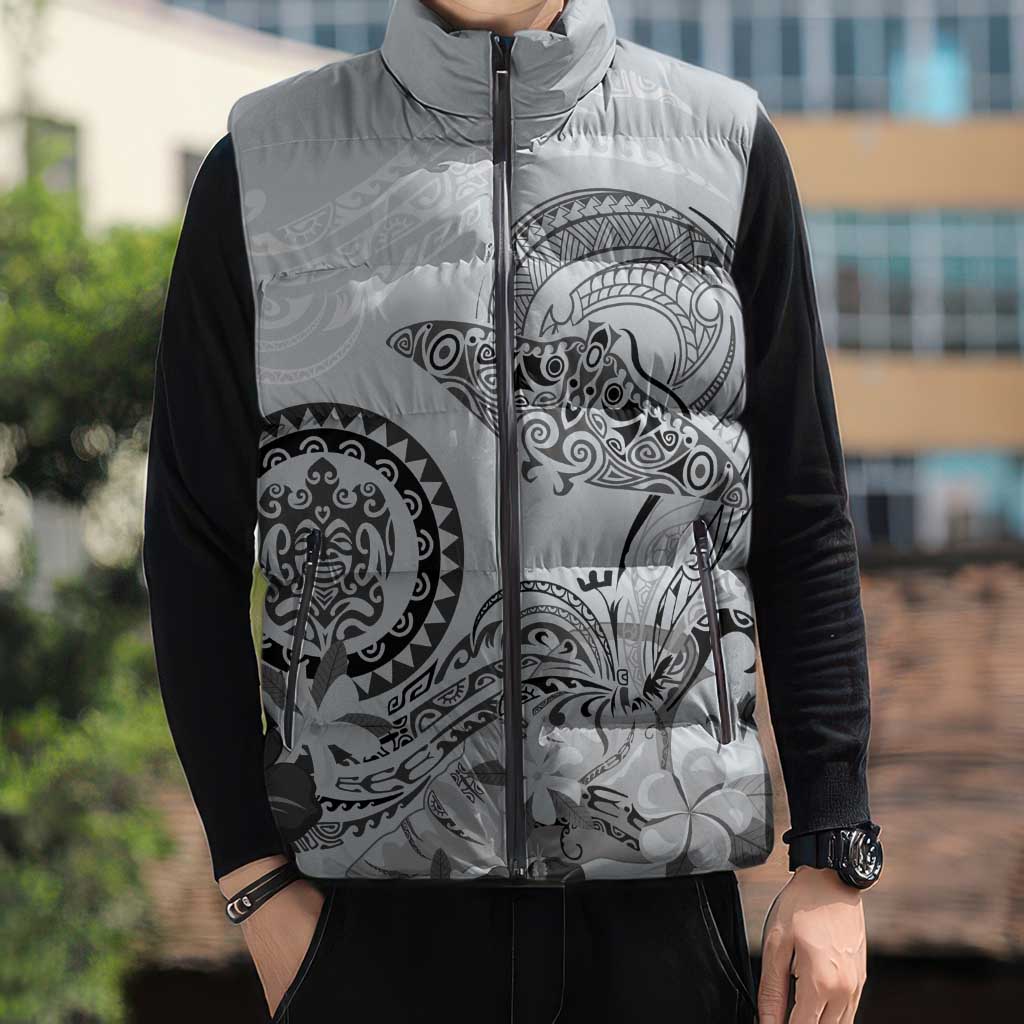 Polynesian Manta Ray Sleeveless Puffer Jacket Gray Floral Turtle Tattoo - Polynesian Pride