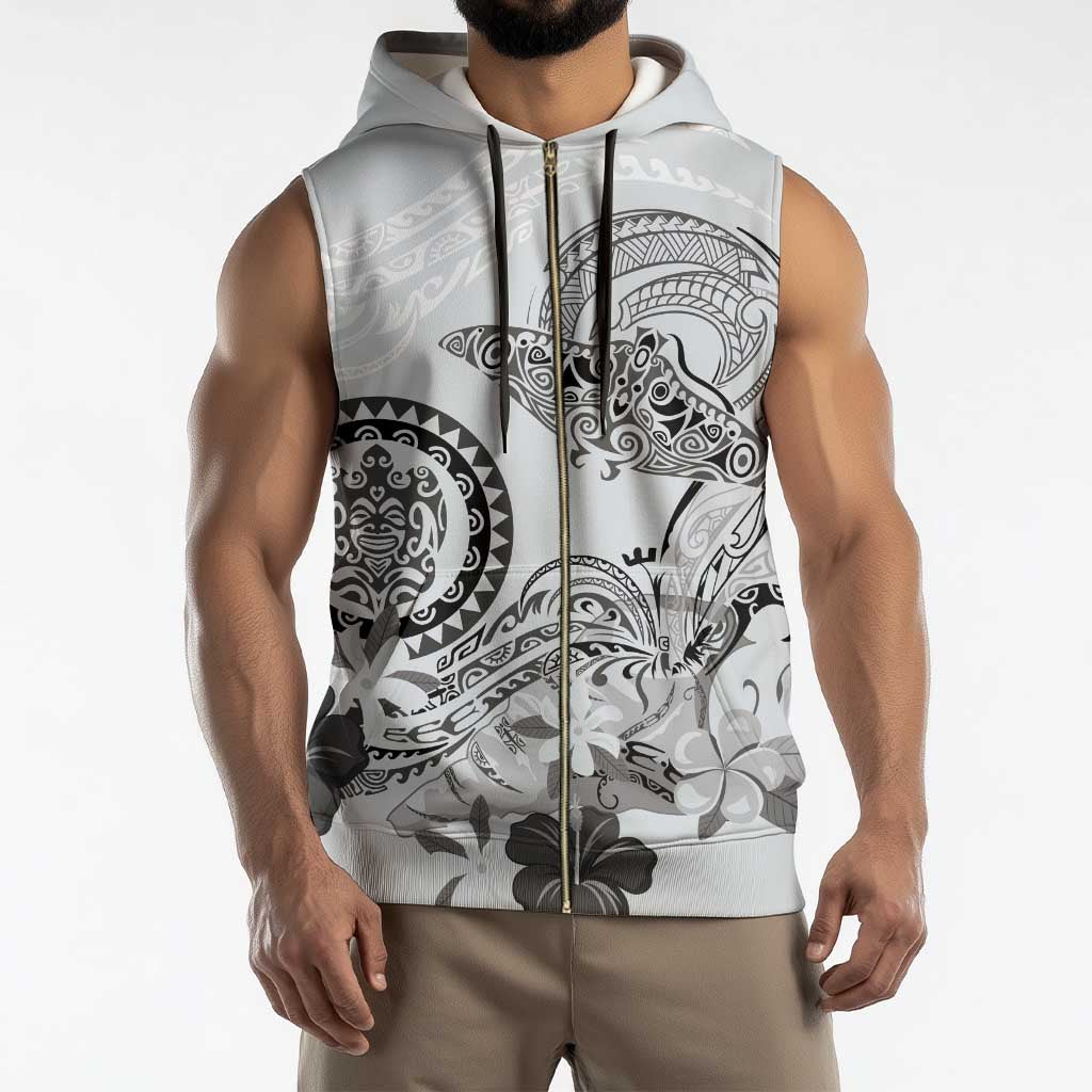 Polynesian Manta Ray Sleeveless Zip Hoodie Gray Floral Turtle Tattoo - Polynesian Pride